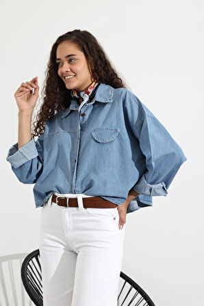 Mavi Süs Cepli Oversize Denim Gömlek 91642