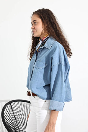 Mavi Süs Cepli Oversize Denim Gömlek 91642