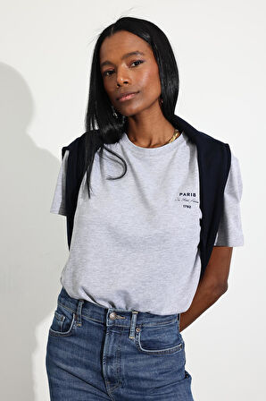 Gri Melanj Paris Tişört 
