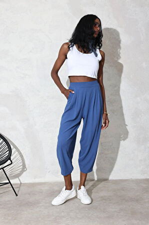 indigo Arka Beli Lastikli Şalvar Pantolon 0226