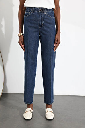 Lacivert Yüksek Bel Straight Fit Jean 