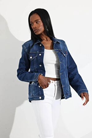 Lacivert Kapak Cepli Denim Ceket 