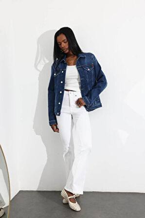 Lacivert Kapak Cepli Denim Ceket 