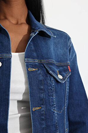 Lacivert Kapak Cepli Denim Ceket 