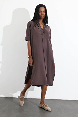 Acı Kahve Oversize Tek Düğmeli Elbise 16584