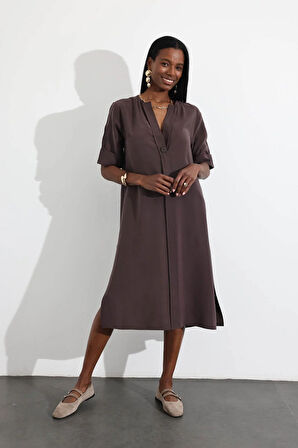 Acı Kahve Oversize Tek Düğmeli Elbise 16584