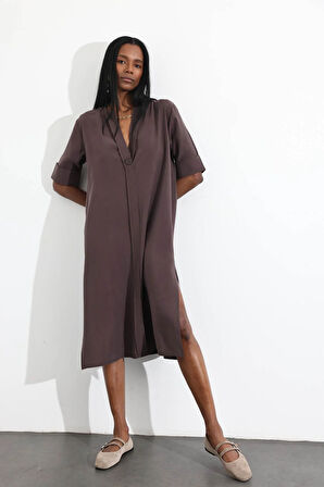 Acı Kahve Oversize Tek Düğmeli Elbise 16584
