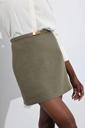 Haki %100 Keten Mini Etek 