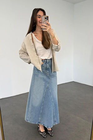 Mavi Çan Kesim Denim Etek 