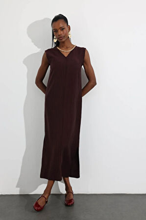 Mürdüm Çift V Yaka Tencel Elbise 3300