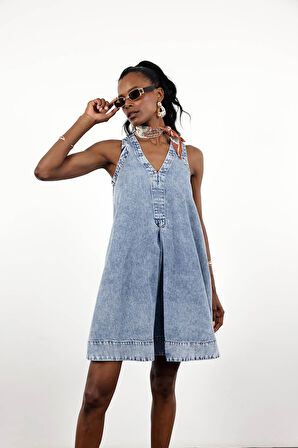 Mavi V Yaka Çan Kesim Denim Elbise 00772