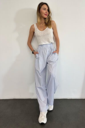 Beyaz Çizgili Poplin Pantolon 0155