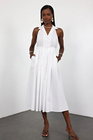 Beyaz Halter Yaka Poplin Elbise 12353