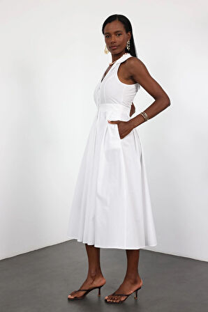 Beyaz Halter Yaka Poplin Elbise 12353