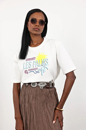 Beyaz Les Palms Baskılı Basic Tişört 0494