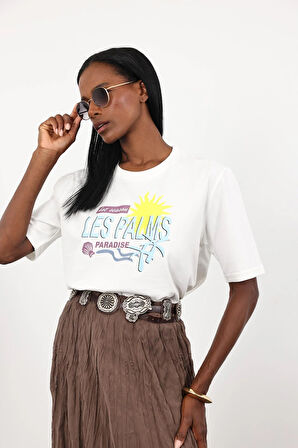 Beyaz Les Palms Baskılı Basic Tişört 0494