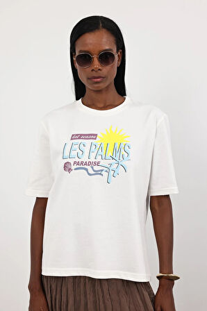 Beyaz Les Palms Baskılı Basic Tişört 0494