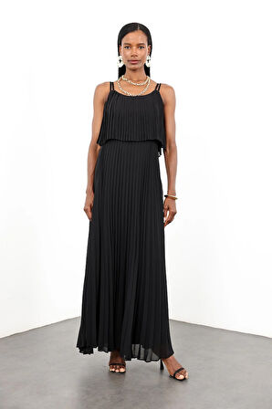 Siyah Piliseli Şifon Elbise 00778