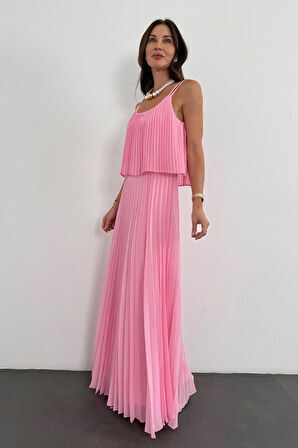 Pembe Piliseli Şifon Elbise 00778