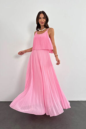 Pembe Piliseli Şifon Elbise 00778
