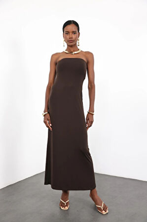 Acı Kahve Straplez Bodycon Elbise 