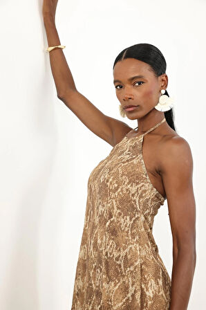 Camel Yılan Desen Şifon Elbise 36625