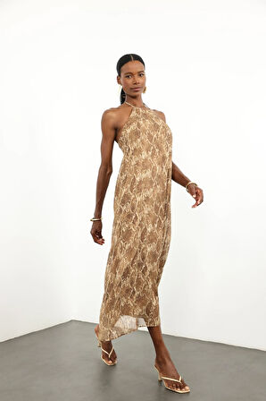 Camel Yılan Desen Şifon Elbise 36625