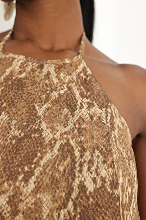 Camel Yılan Desen Şifon Elbise 36625