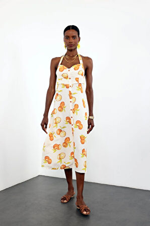 Kemik Önü Düğmeli Portakal Desenli Elbise 0515