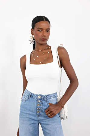 Beyaz Kare Yaka Bodysuit 17005