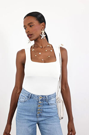 Beyaz Kare Yaka Bodysuit 17005