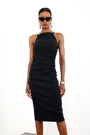 Siyah Drapeli Midi Boy Elbise 12389