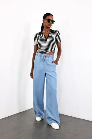 Mavi Beli Lastikli Geniş Pantolon 600702