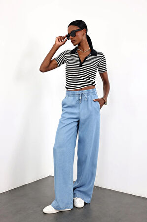 Mavi Beli Lastikli Geniş Pantolon 600702