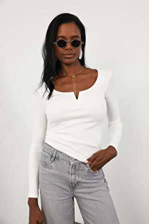 Ekru Yakası V Detaylı Uzun Kollu Tişört 2260