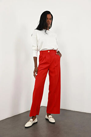 Kırmızı Gold Düğmeli Palazzo Pantolon 4386