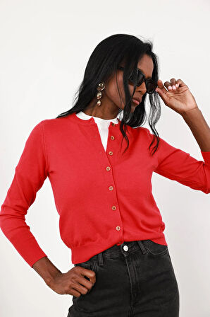 Kırmızı Kemik Düğmeli Lyocell İplik Hırka 