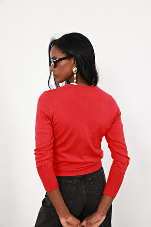 Kırmızı Kemik Düğmeli Lyocell İplik Hırka 