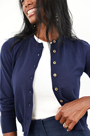 Lacivert Kemik Düğmeli Lyocell İplik Hırka 