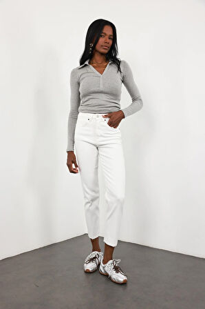 Beyaz Yüksek Bel Boyfit Jean 