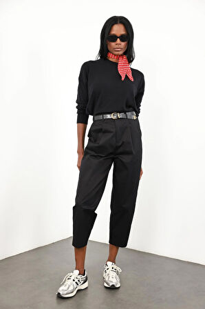 Siyah Bisiklet Yaka Lyocell İplik Triko 