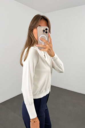 Ekru Kemik Düğmeli Lyocell İplik Hırka 