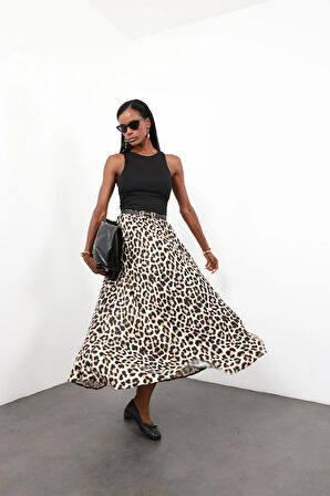Kahverengi Leopar Maxi Saten Etek 50208