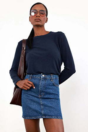 Lacivert Uzun Kollu Basic Tişört 0182