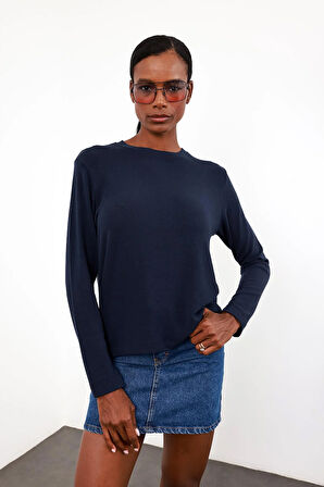 Lacivert Uzun Kollu Basic Tişört 0182