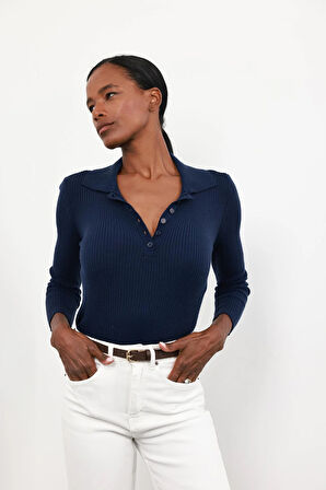 Lacivert Polo Yaka Düğmeli Triko 