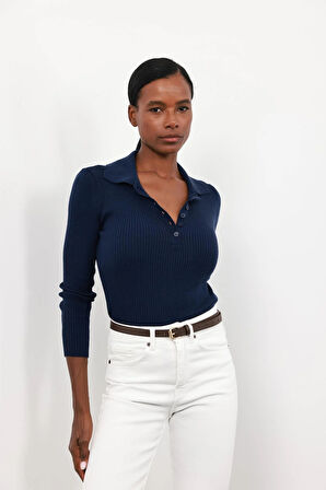 Lacivert Polo Yaka Düğmeli Triko 