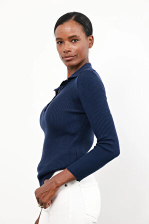 Lacivert Polo Yaka Düğmeli Triko 