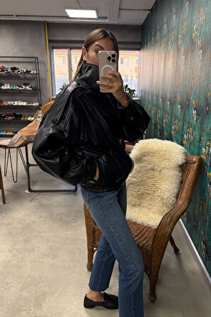 Siyah Dik Yaka Bomber Ceket 