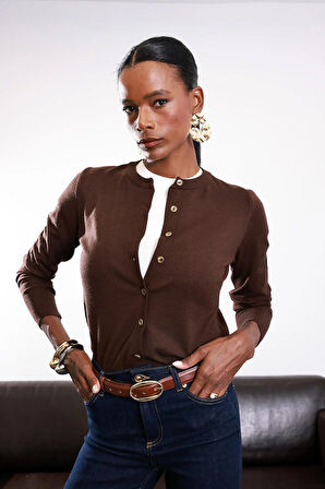 Acı Kahve Kemik Düğmeli Lyocell İplik Hırka 